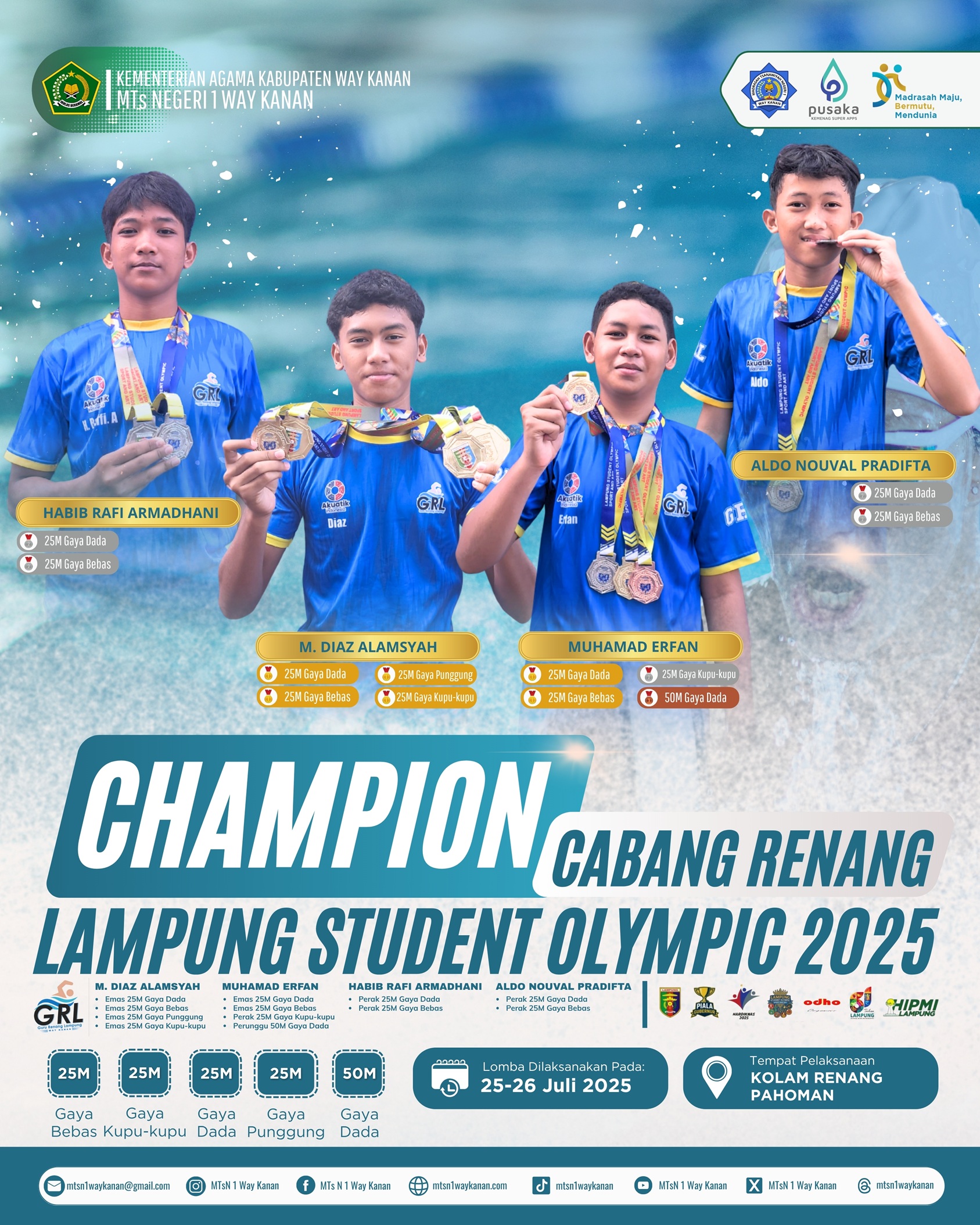 Foto Prestasi: 12 Medali Renang di Lampung Student Olympic 2025